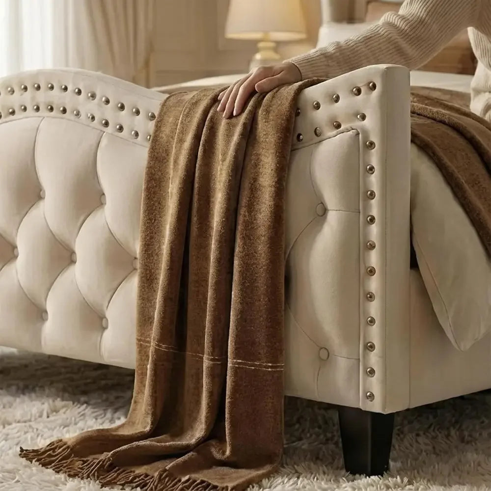 Velvet Button-Tufted Wingback Platform Bed With Headboard No Box Spring