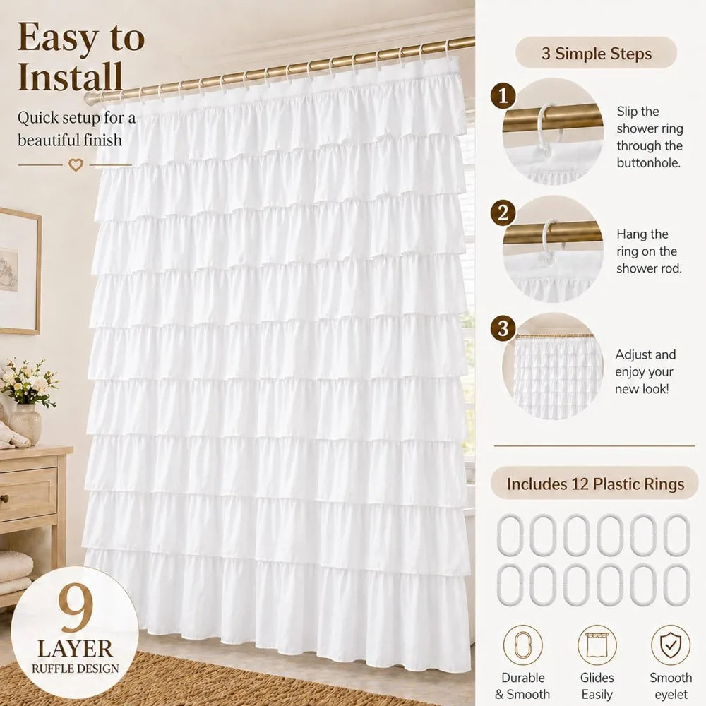 Ruffle Shower Curtain Farmhouse Fabric Double Layer Soft Opaque