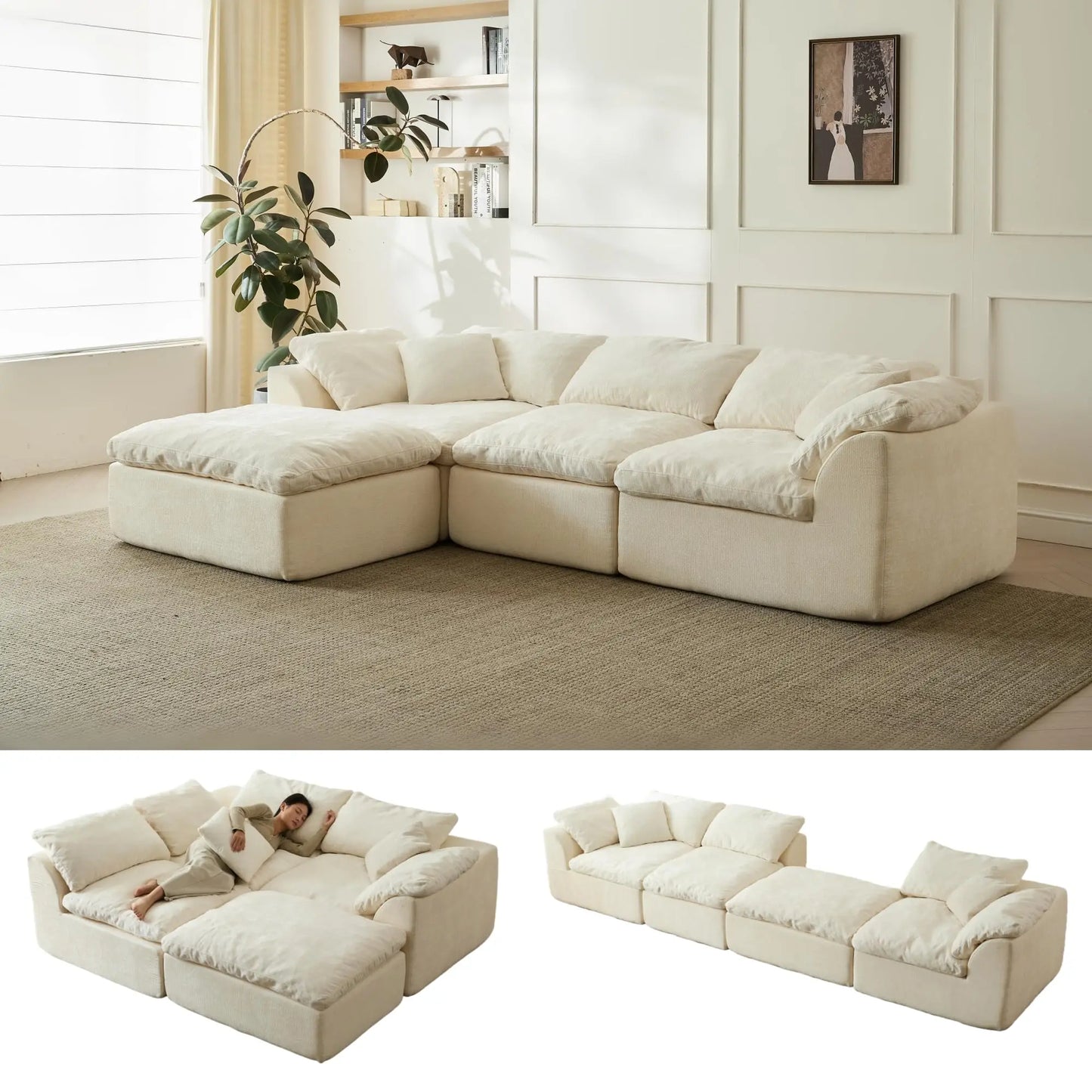 Yeflixvrau Modern Cloud L Shaped Chenille Sofa Sectional With Ottoman