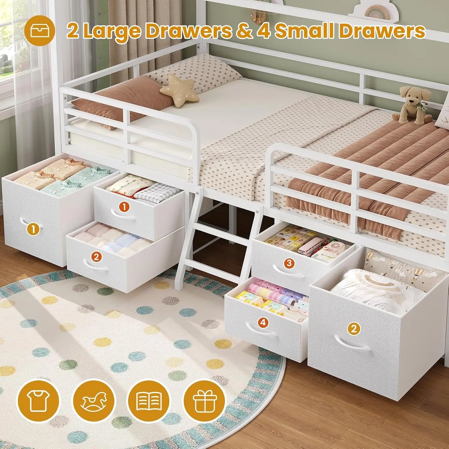 Kids Bed Frame With Six Drawers And Globe String Lights