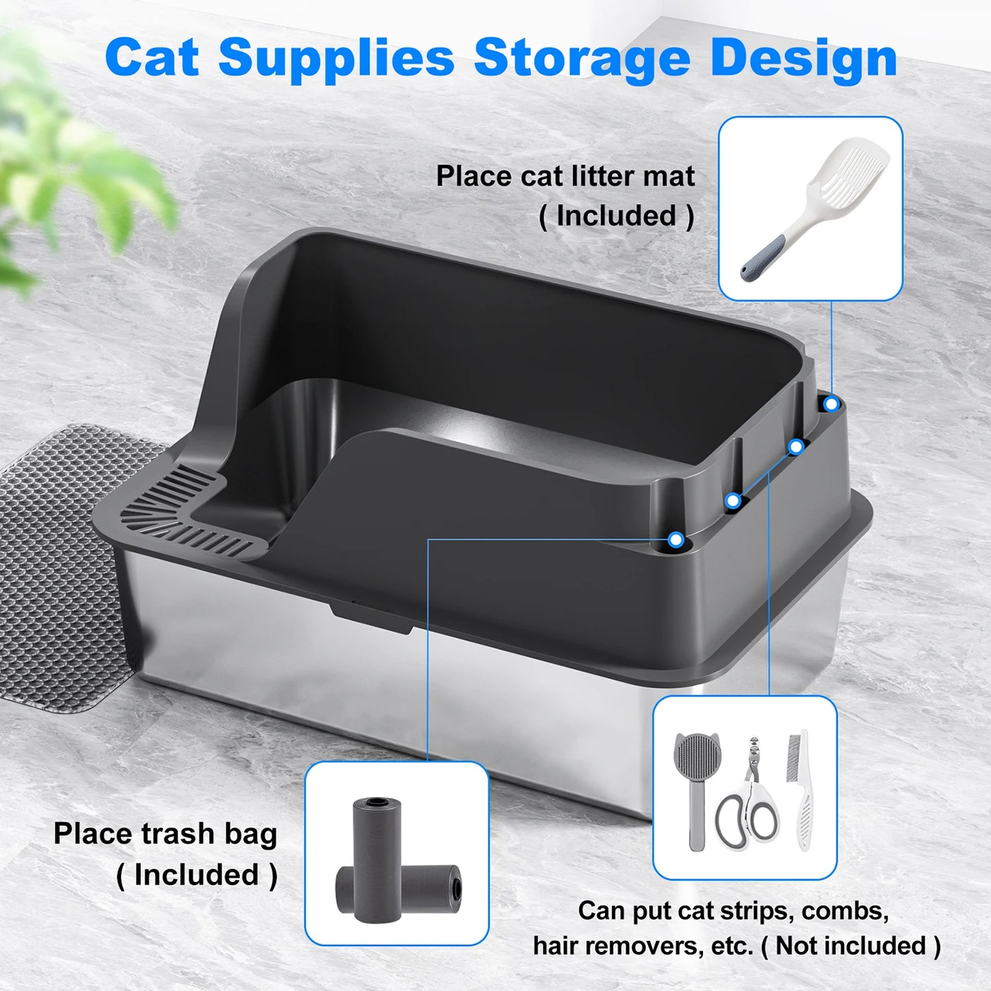 Stainless Steel Cat Litter Box High Sided Leak Proof