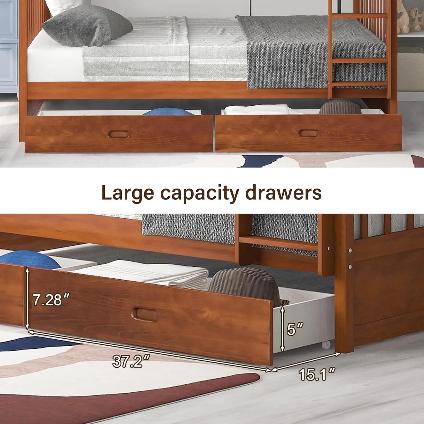 Solid Wood Full Over Full Bunk Bed Frame With Drawers