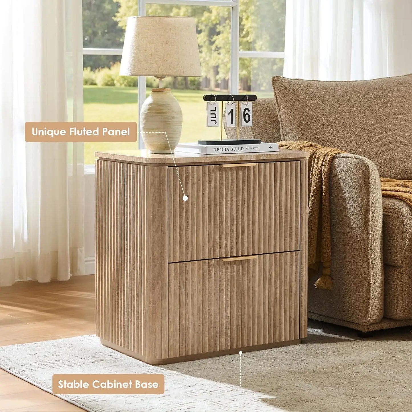 Fluted Nightstand Set Of 2 With Faux Marble Top Drawers