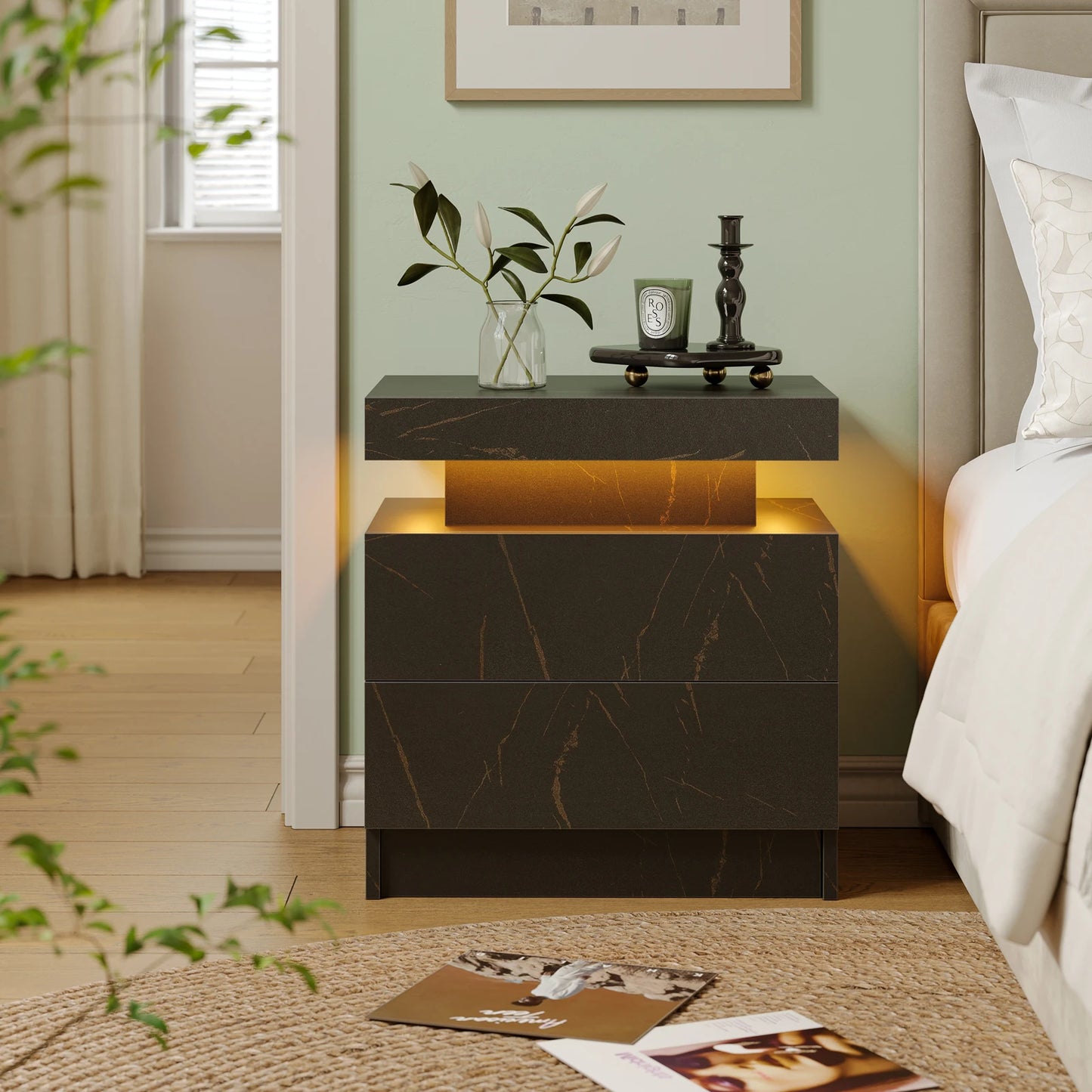 Cubehom LED Nightstand With 2 Drawers And RGB Bedside Table