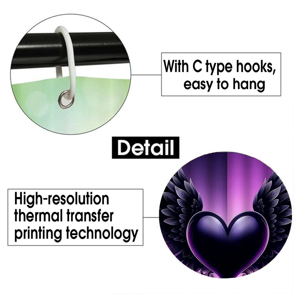 4 Piece Shower Curtain Set With Hooks Gothic Heart Print Waterproof Polyester