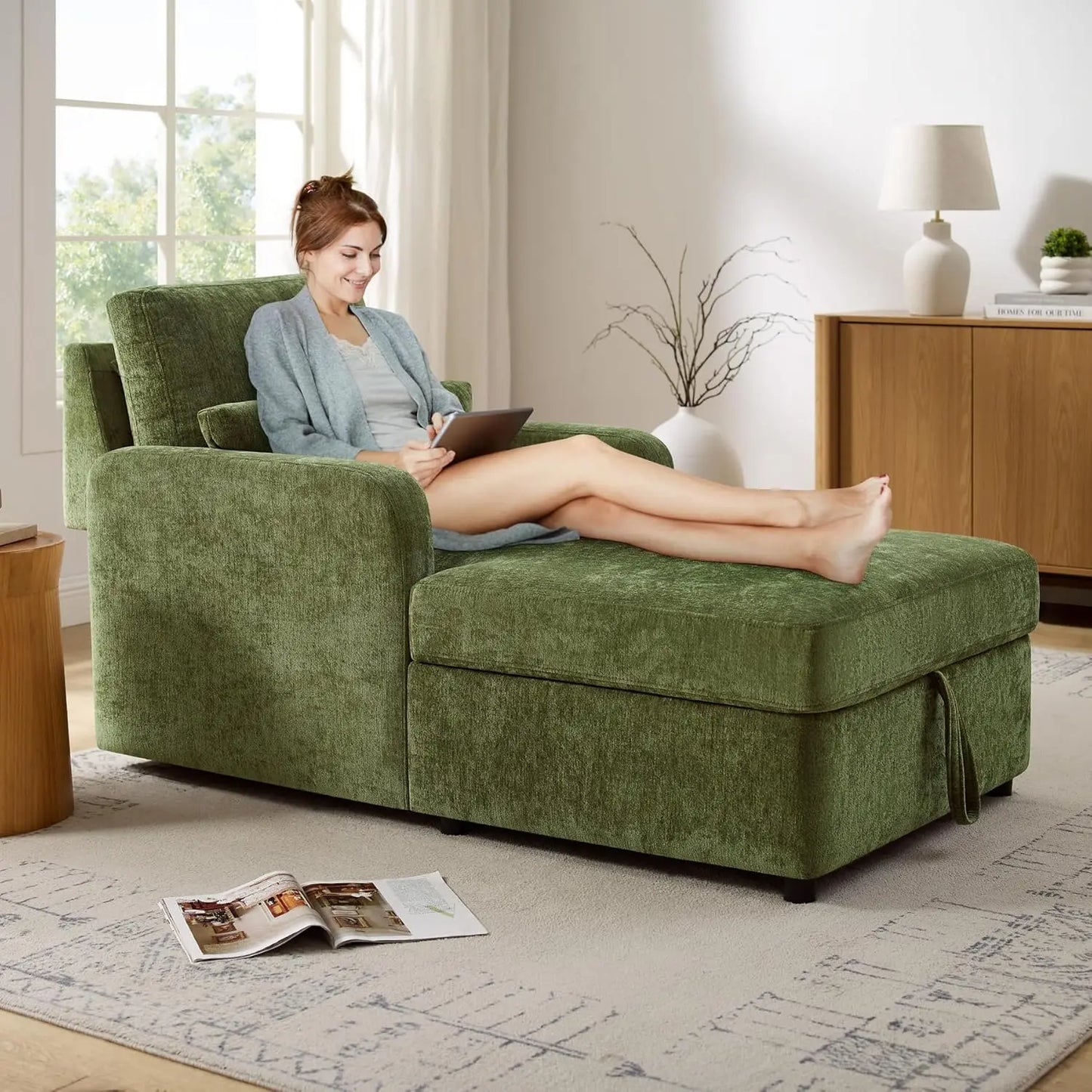 Indoor Chaise Lounge Chair With 2 Position Adjustable Backrest Storage