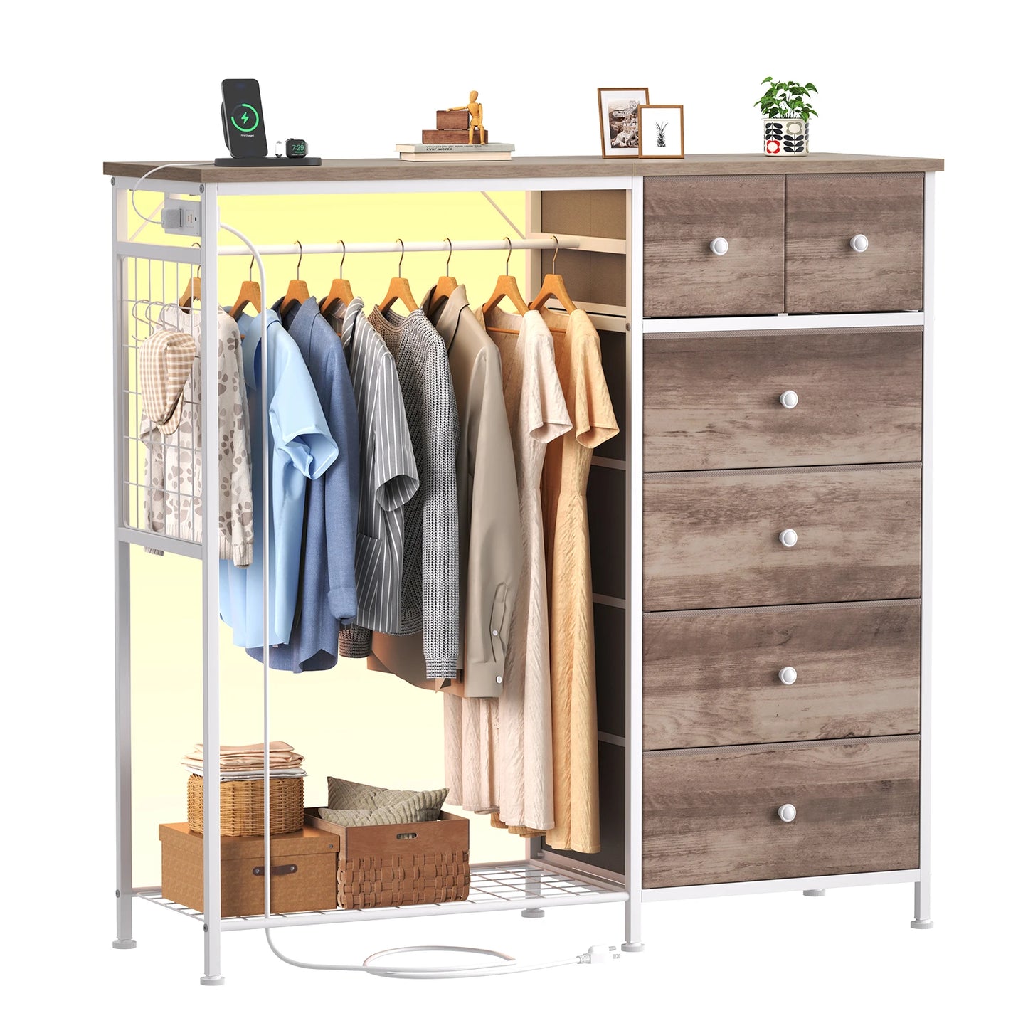 JHK 6 Drawer Dresser With Hanging Rack And LED Lights