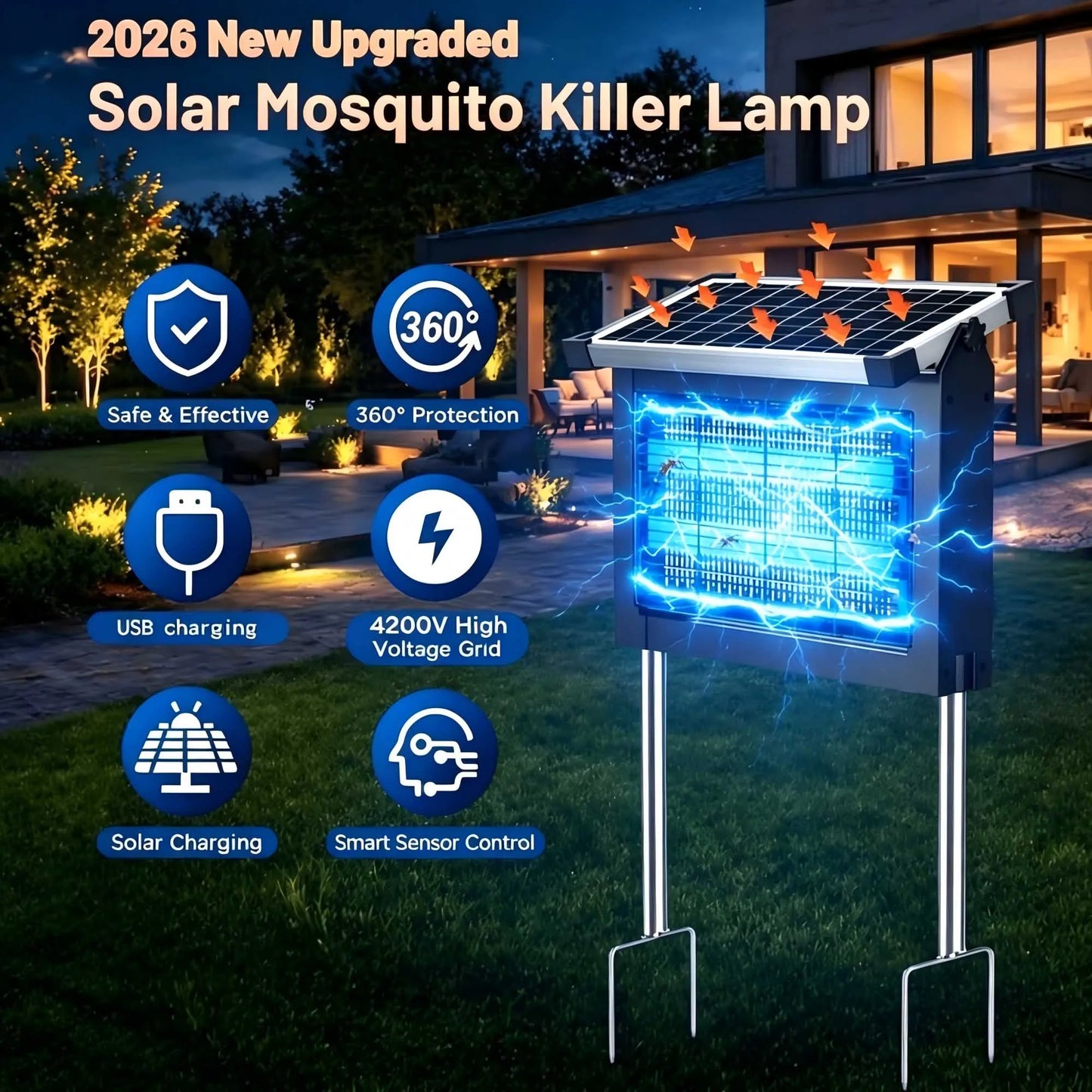 Solar Bug Zapper 4500V Outdoor Waterproof Mosquito Killer Panel Sensor