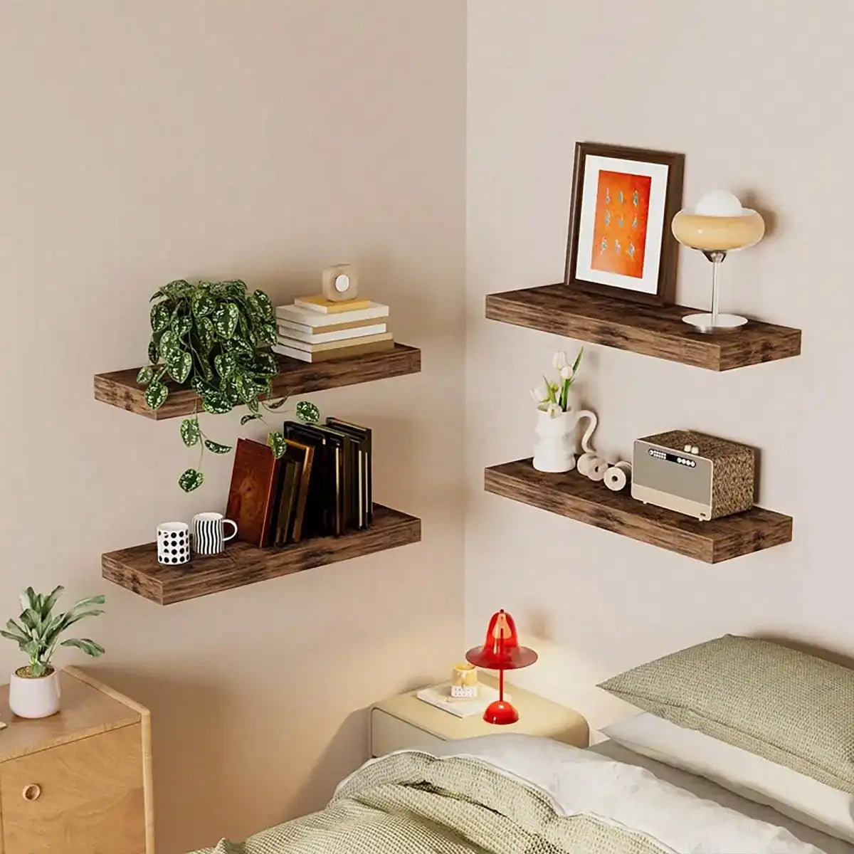 Four Tier Floating Shelves With Invisible Brackets In Rustic Finish