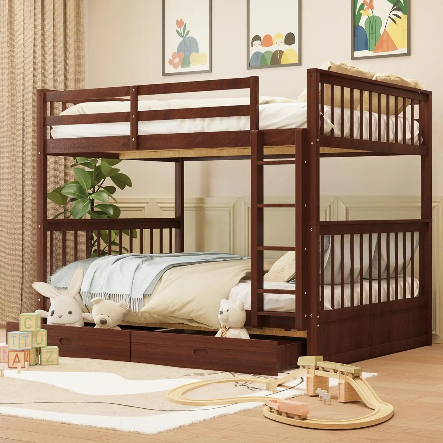 Solid Wood Full Over Full Bunk Bed Frame With Drawers