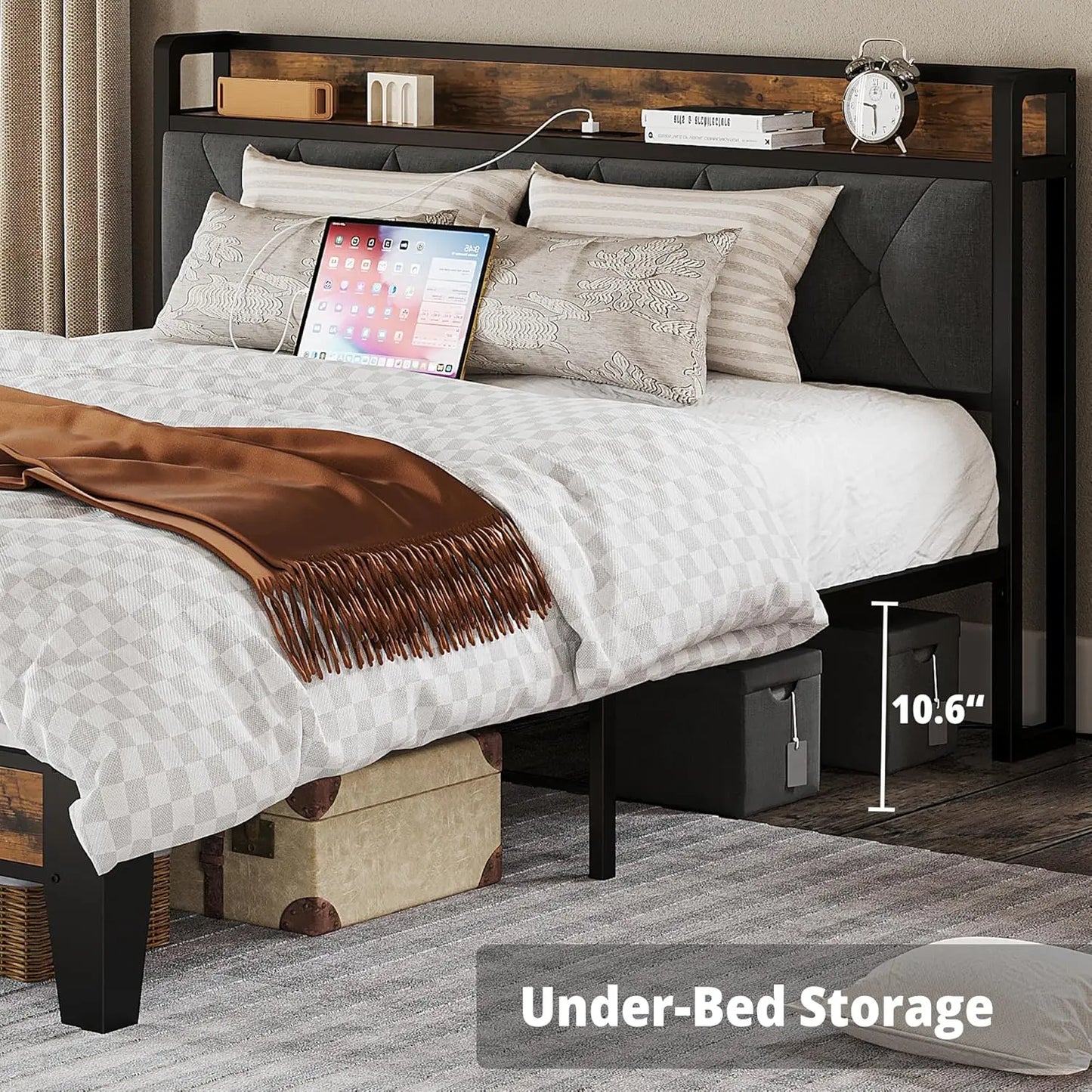 ANCTOR Storage Bed Frame With Outlets No Box Springs