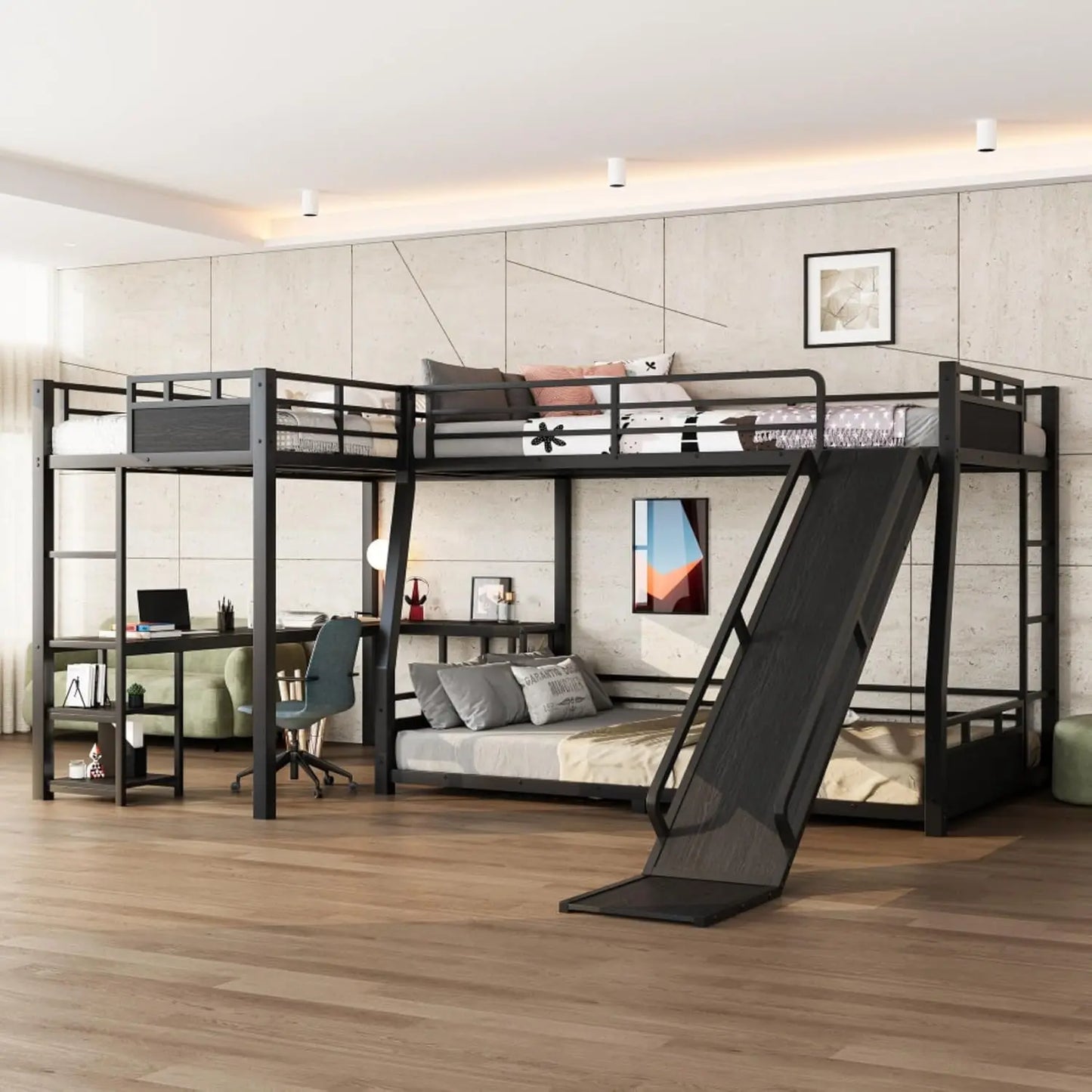 Queen Over Twin Metal Bunk Bed With Storage Stairs Shelves