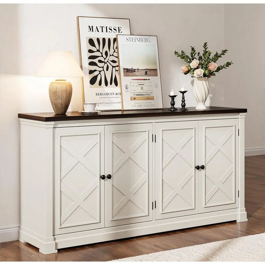 Wood Sideboard Cabinet With 4 Doors And Adjustable Shelves For Home Bar