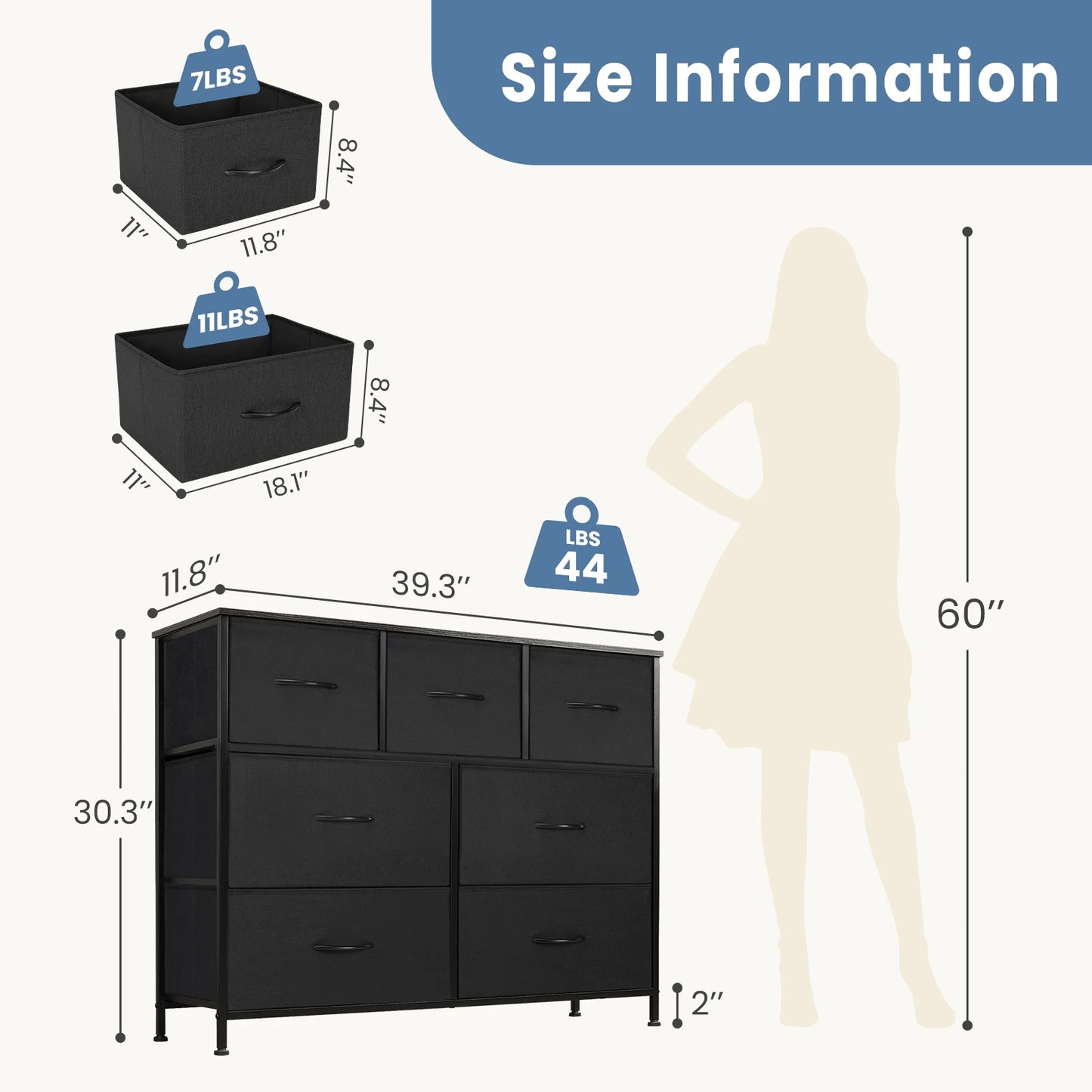 JHK Dresser With 7 Fabric Drawers Closet Organizer Bedroom Furniture