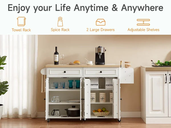 Mobile Kitchen Island Trolley With Drop Leaf And Spice Rack