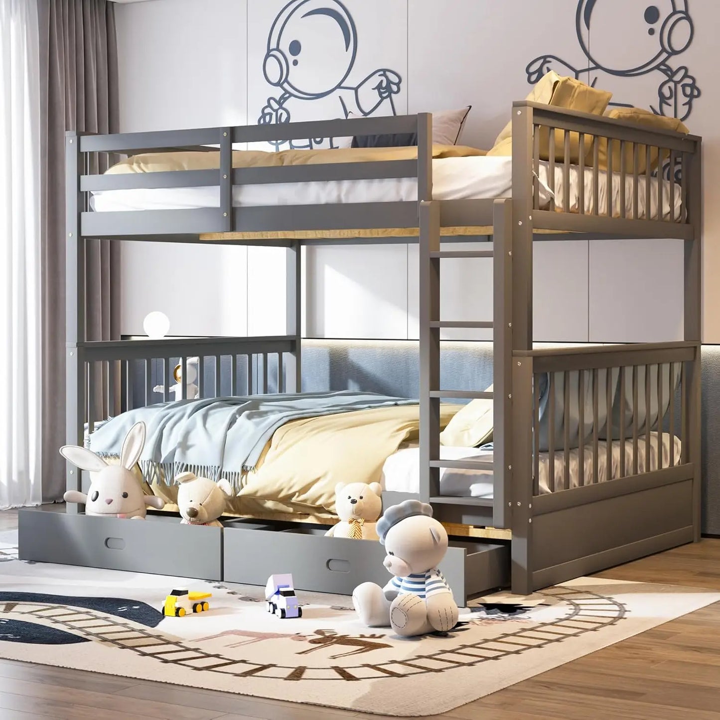 Solid Wood Full Over Full Bunk Bed Frame With Drawers