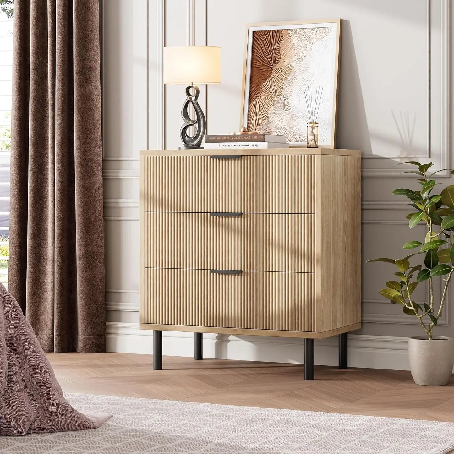 HobbyLane Fluted Three-Drawer Dresser With Metal Legs