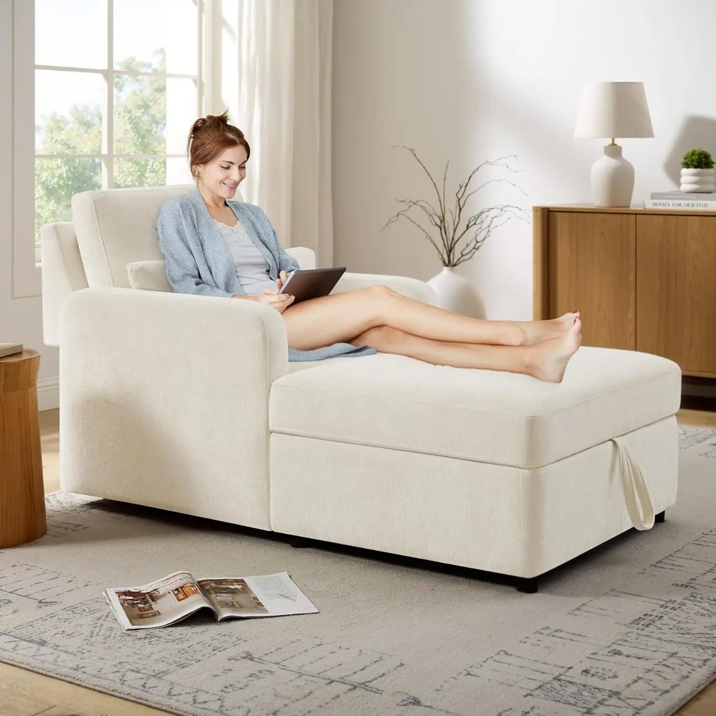 Indoor Chaise Lounge Chair With 2 Position Adjustable Backrest Storage