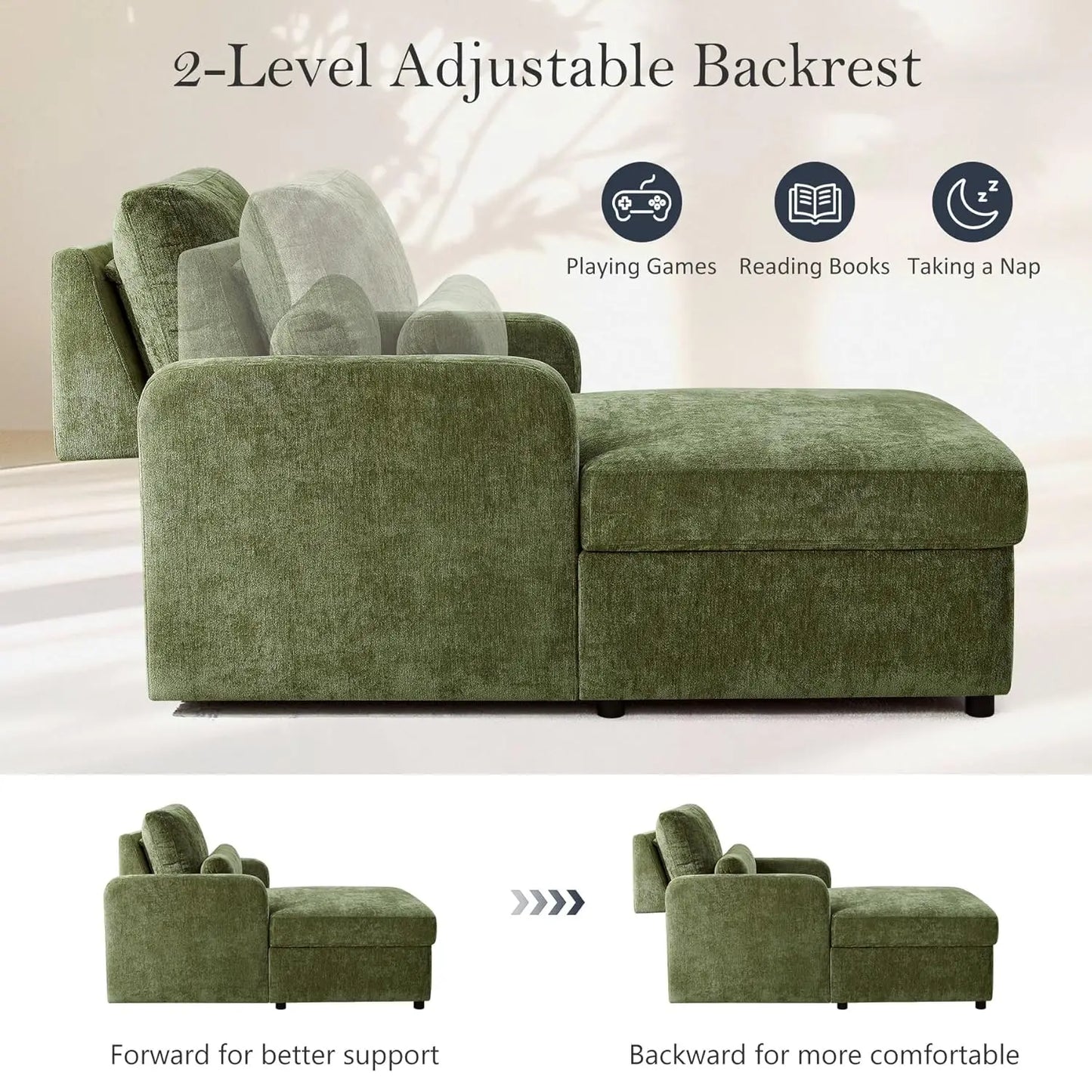 Indoor Chaise Lounge Chair With 2 Position Adjustable Backrest Storage