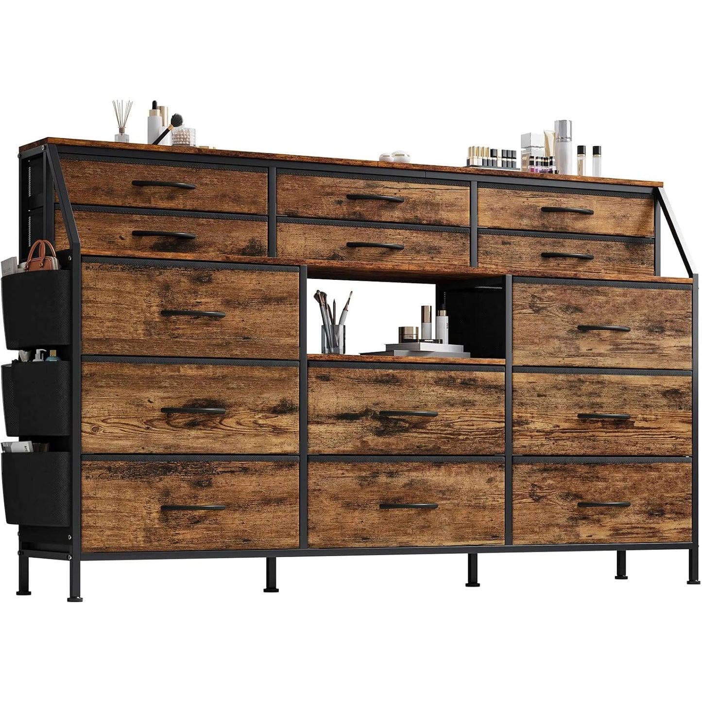 TWISTER.CK 14 Drawer Dresser With Wooden Top And Metal Frame