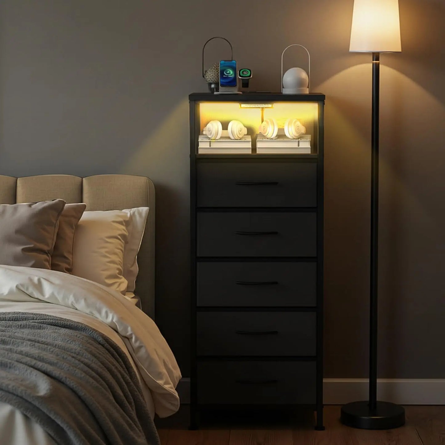 JHK 5 Drawer Dresser Nightstand With Charging Station And Outlets