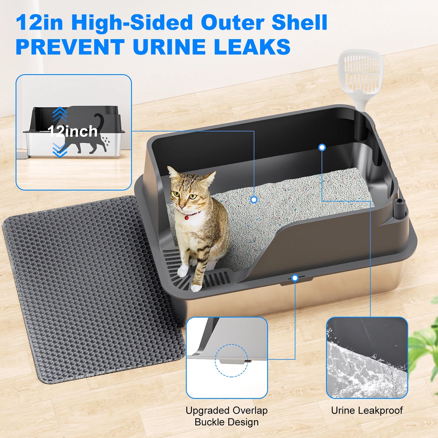 Stainless Steel Cat Litter Box High Sided Leak Proof