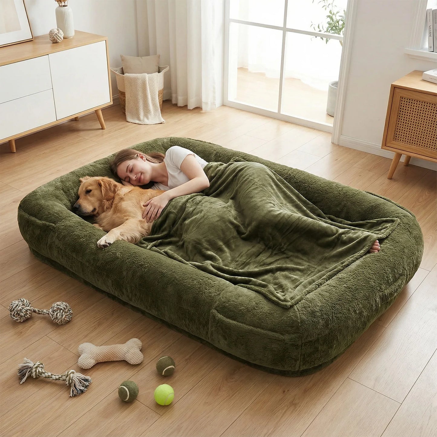 Plush Faux Fur Dog Bed With Washable Cover And Blanket