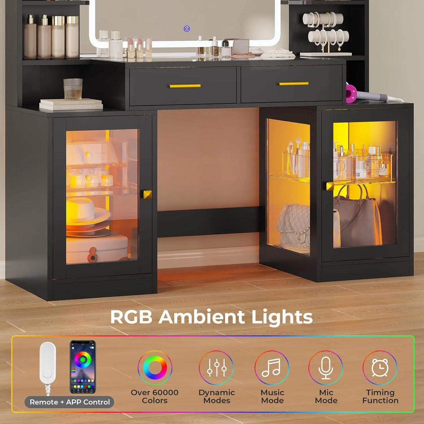 RGB Lighted Makeup Vanity Desk With Mirror And Power Outlet