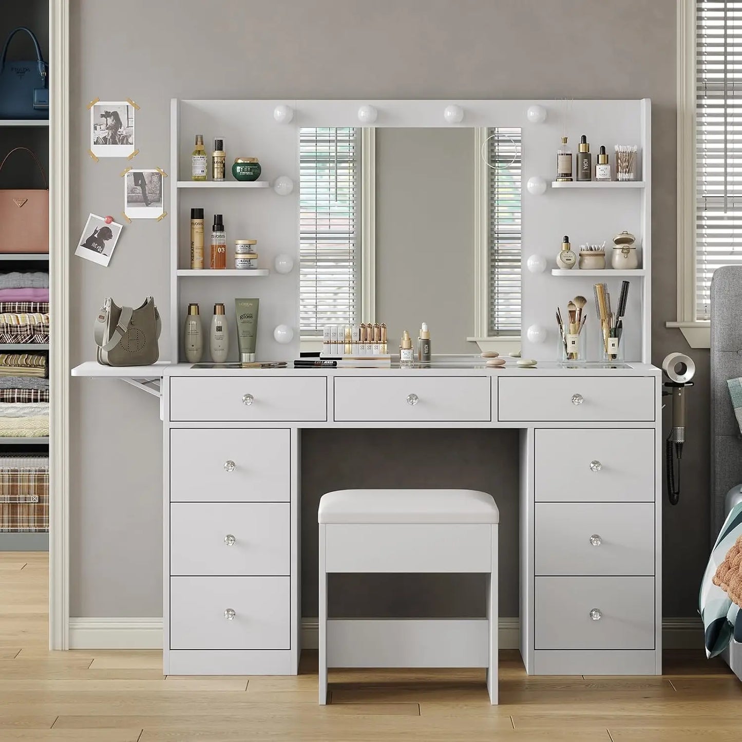 Vanity Desk With LED Mirror Shelves And 3 Lighting Modes