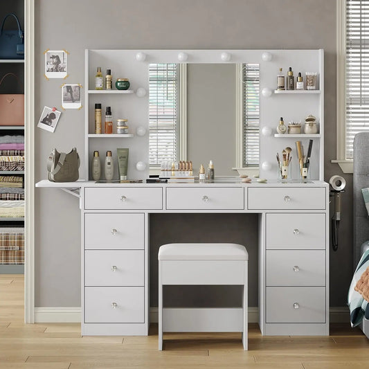 Vanity Desk With LED Mirror Shelves And 3 Lighting Modes