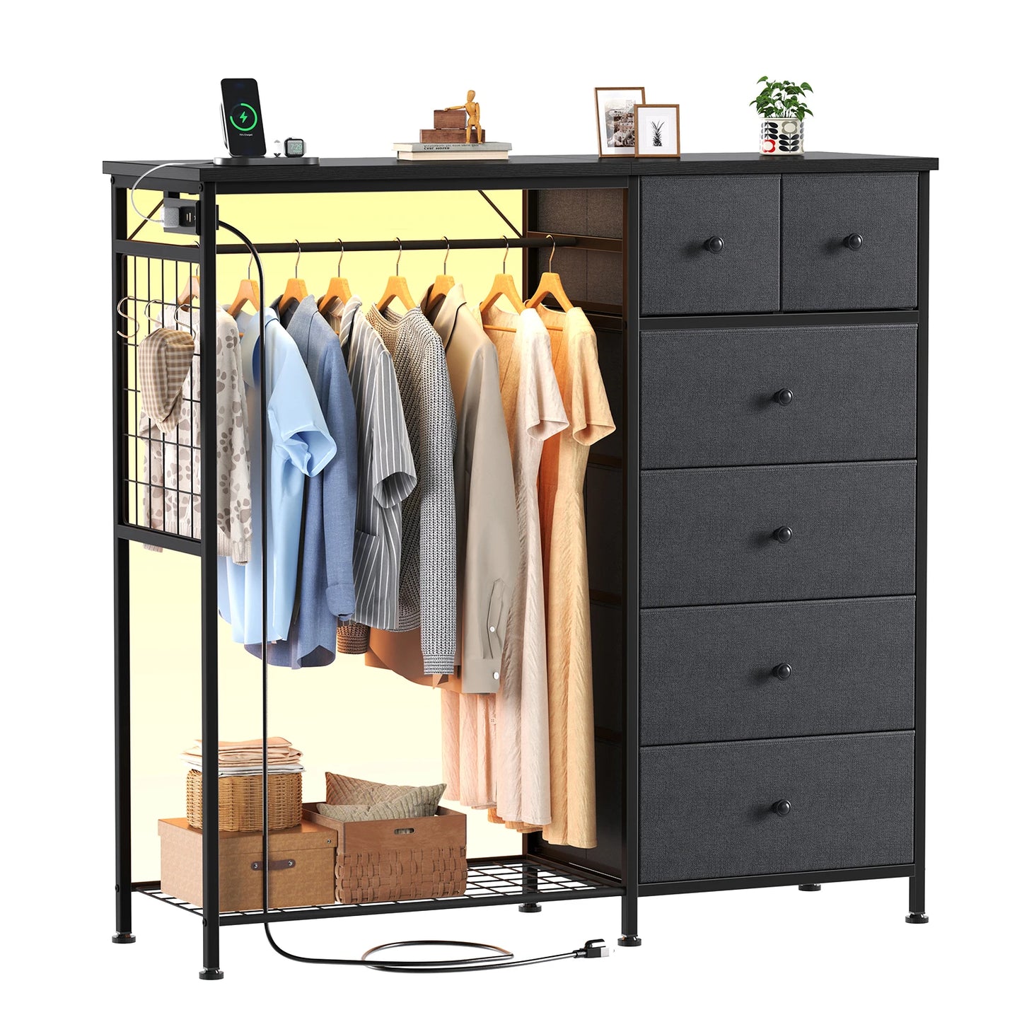 JHK 6 Drawer Dresser With Hanging Rack And LED Lights