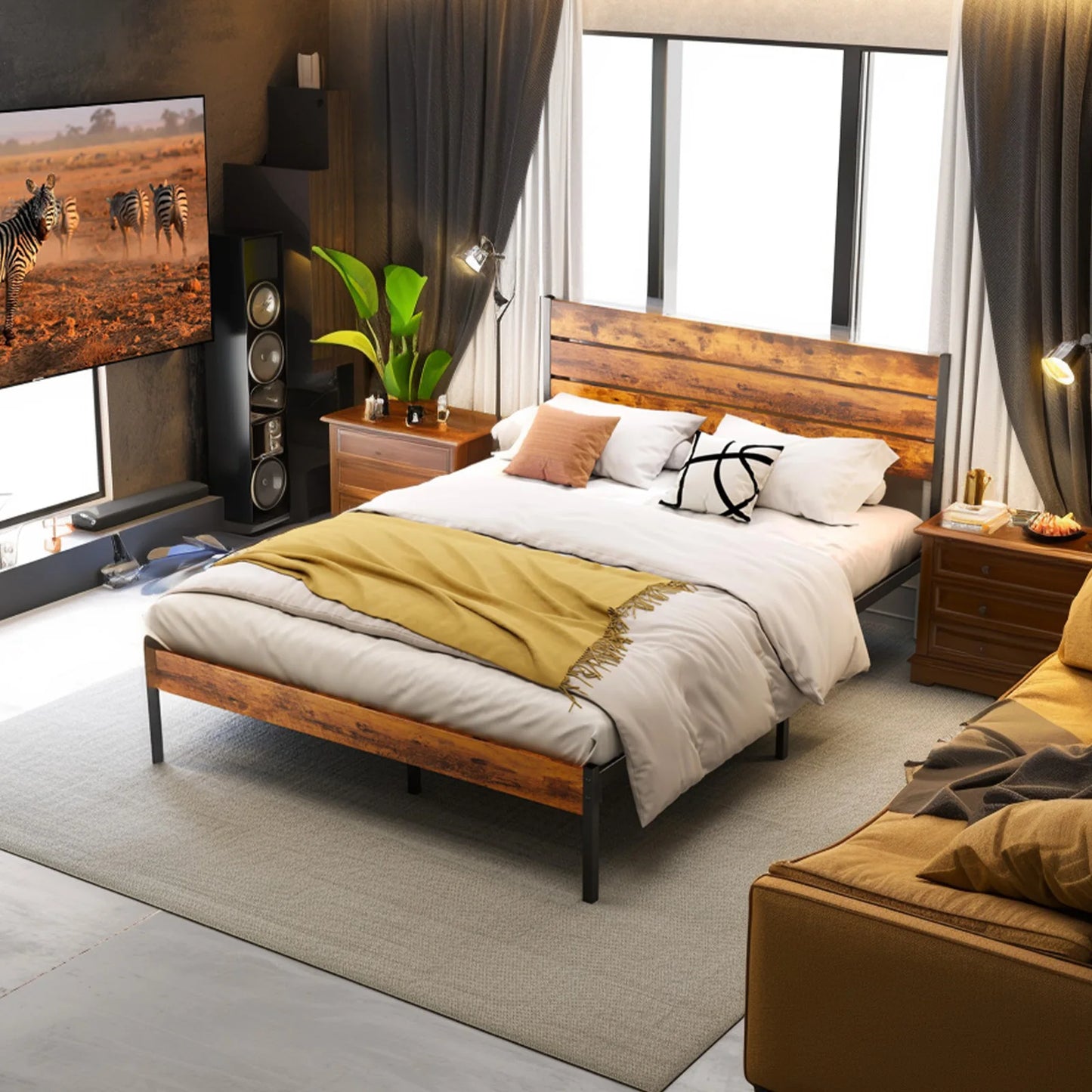 JHK Metal Platform Bed Frame With Headboard And Footboard