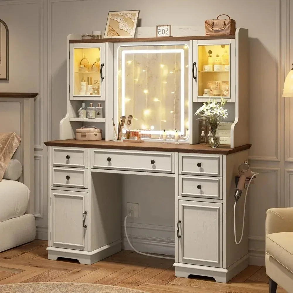Farmhouse Vanity Desk With Led Lighted Makeup Mirror And 5 Drawers 6 Shelves