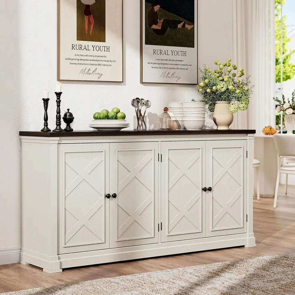 Wood Sideboard Cabinet With 4 Doors And Adjustable Shelves For Home Bar