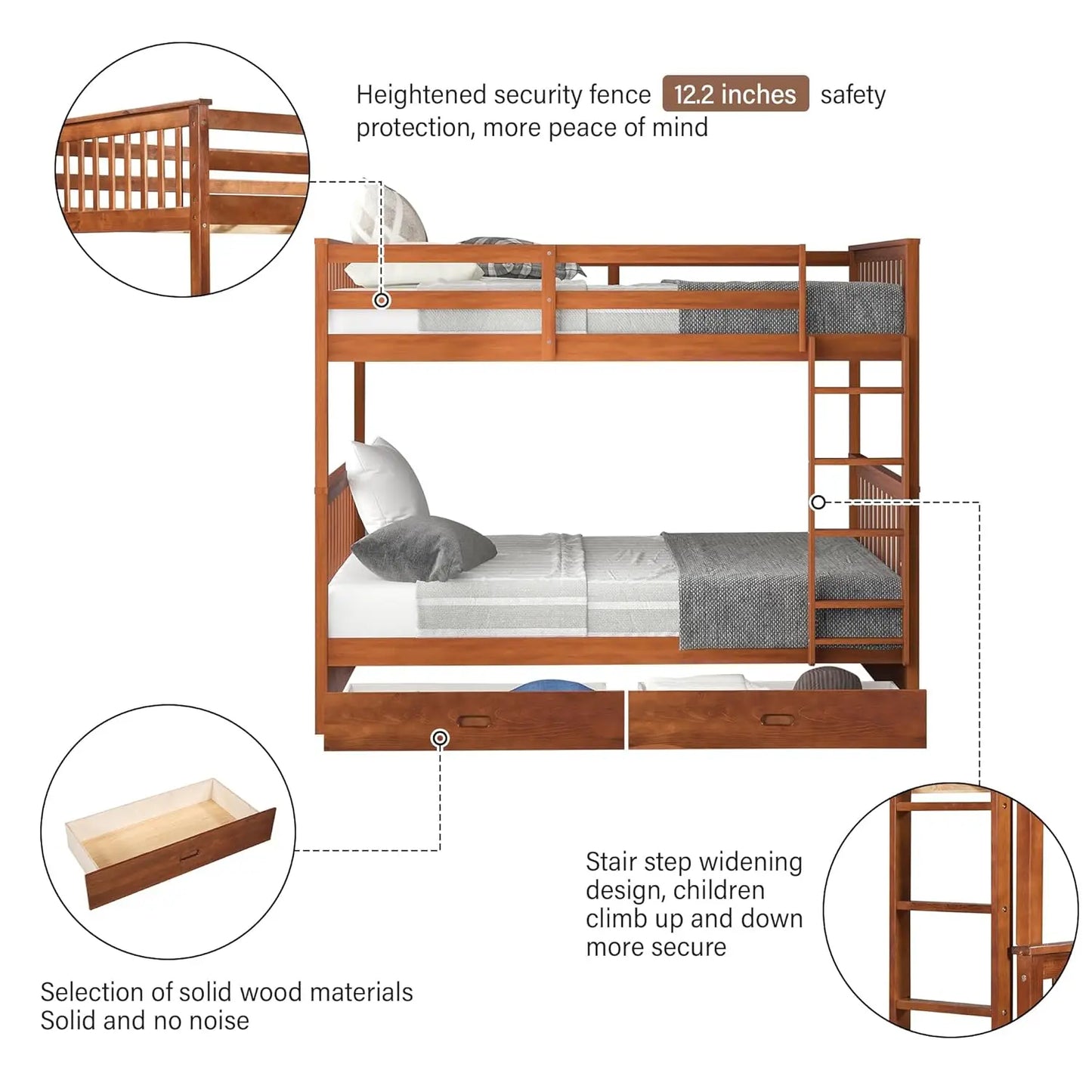 Solid Wood Full Over Full Bunk Bed Frame With Drawers