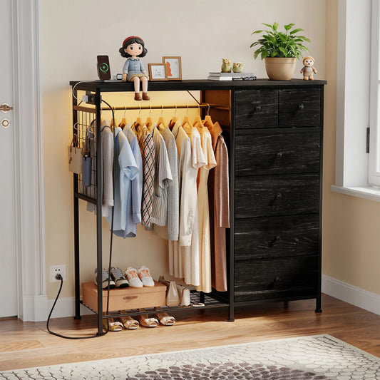 JHK 6 Drawer Dresser With Hanging Rack And LED Lights