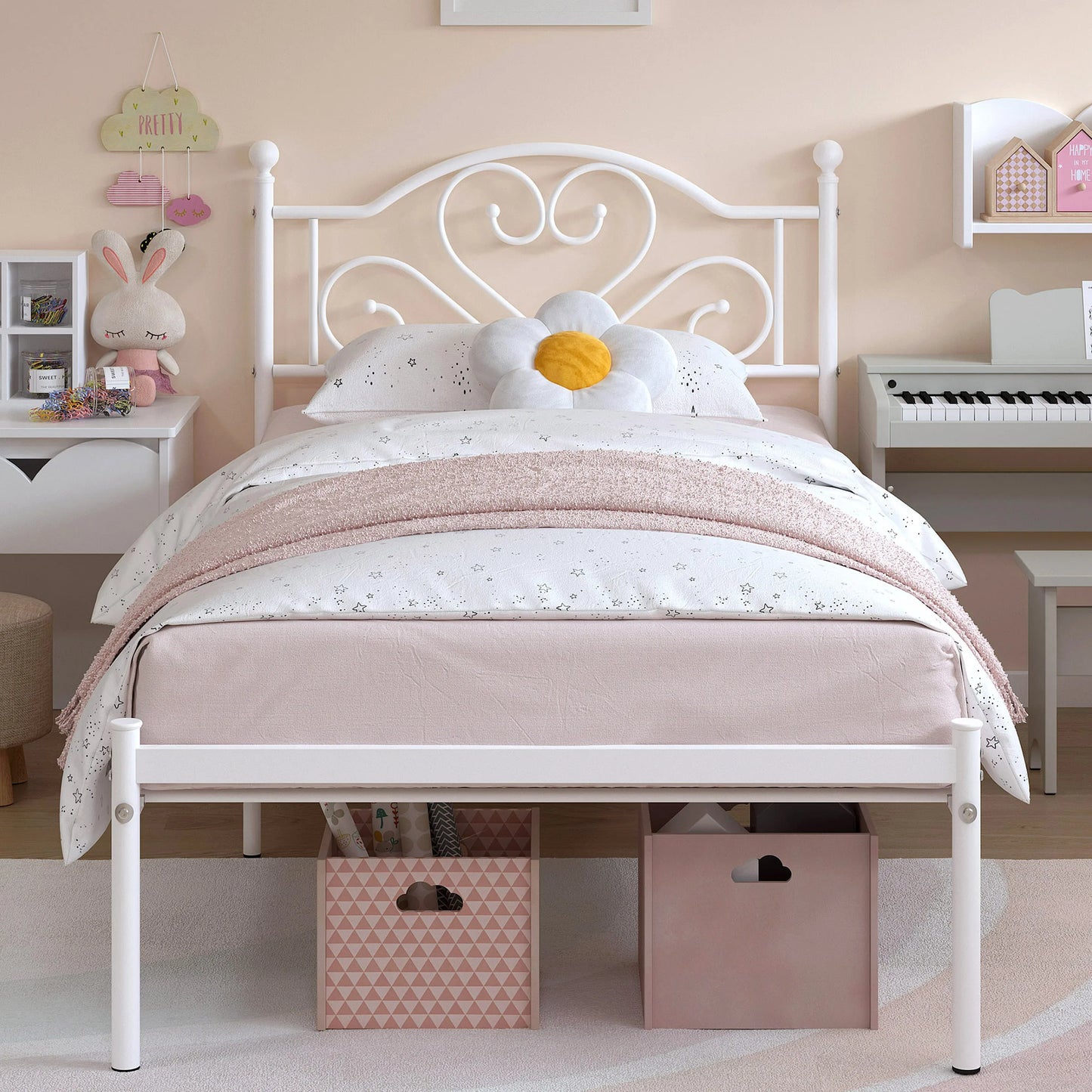 MERRONIX Heart Shaped Headboard Metal Platform Bed Frame