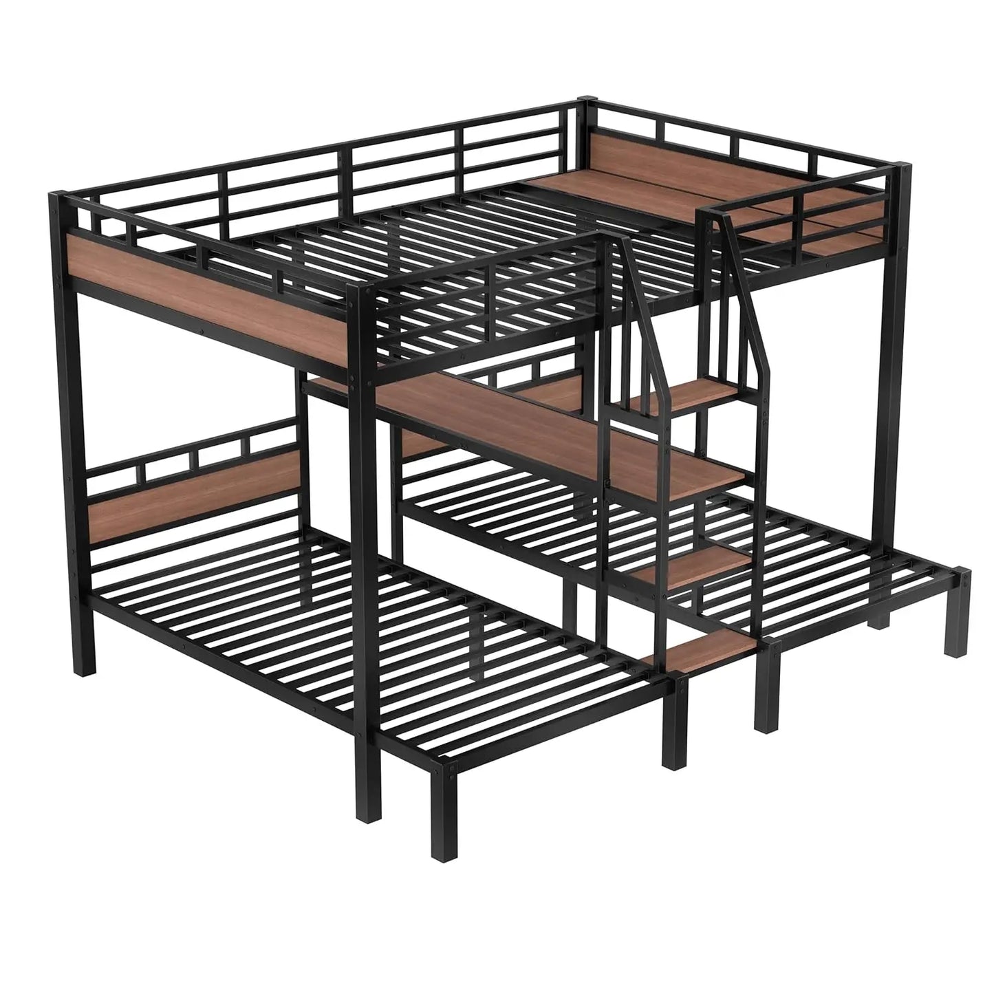 Queen Over Twin Metal Bunk Bed With Storage Stairs Shelves