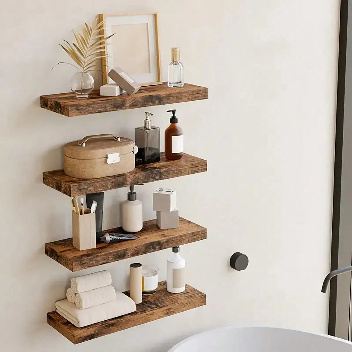 Four Tier Floating Shelves With Invisible Brackets In Rustic Finish