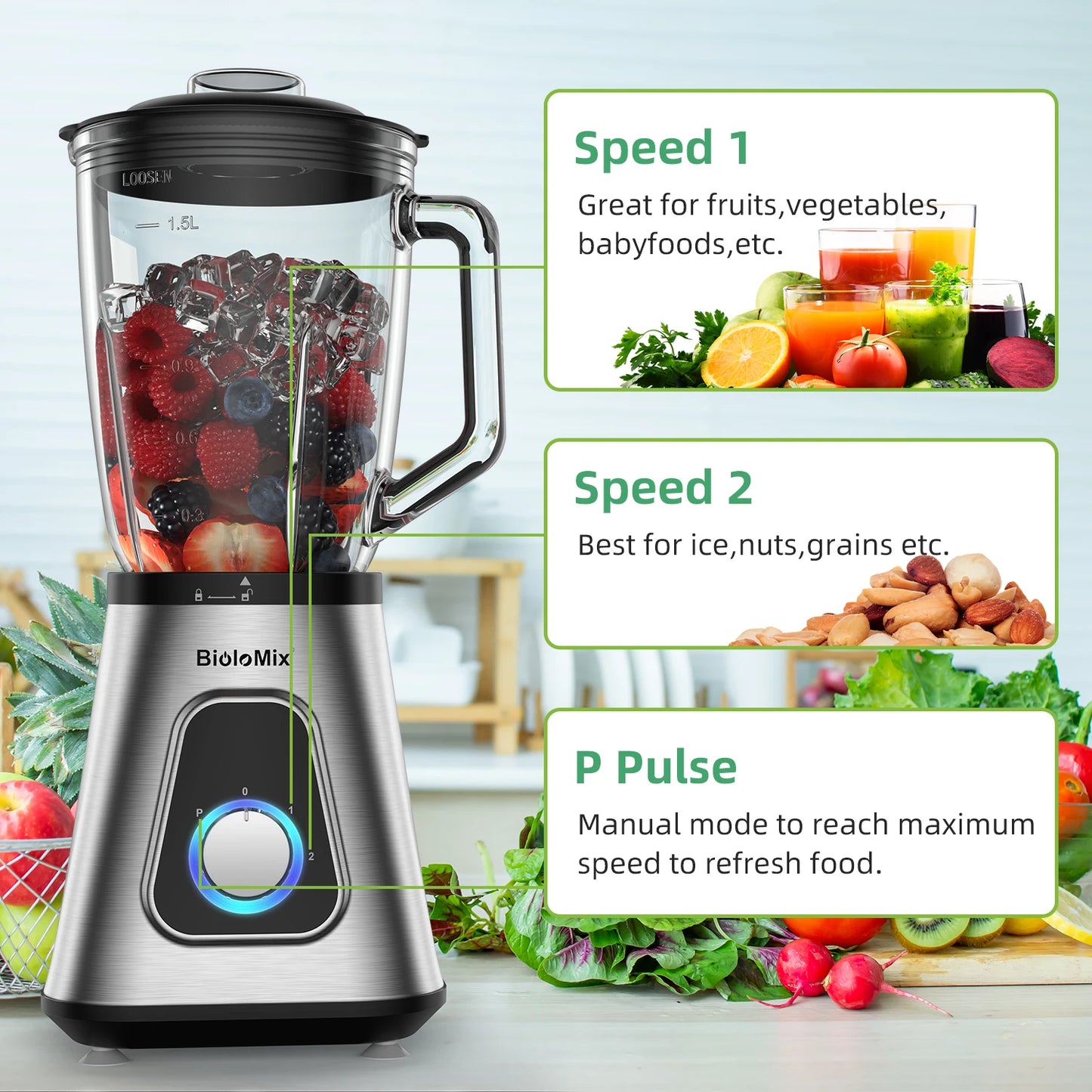Biolomix 1300W Smoothie Maker With 1.5L Glass Jar For Frozen Drinks