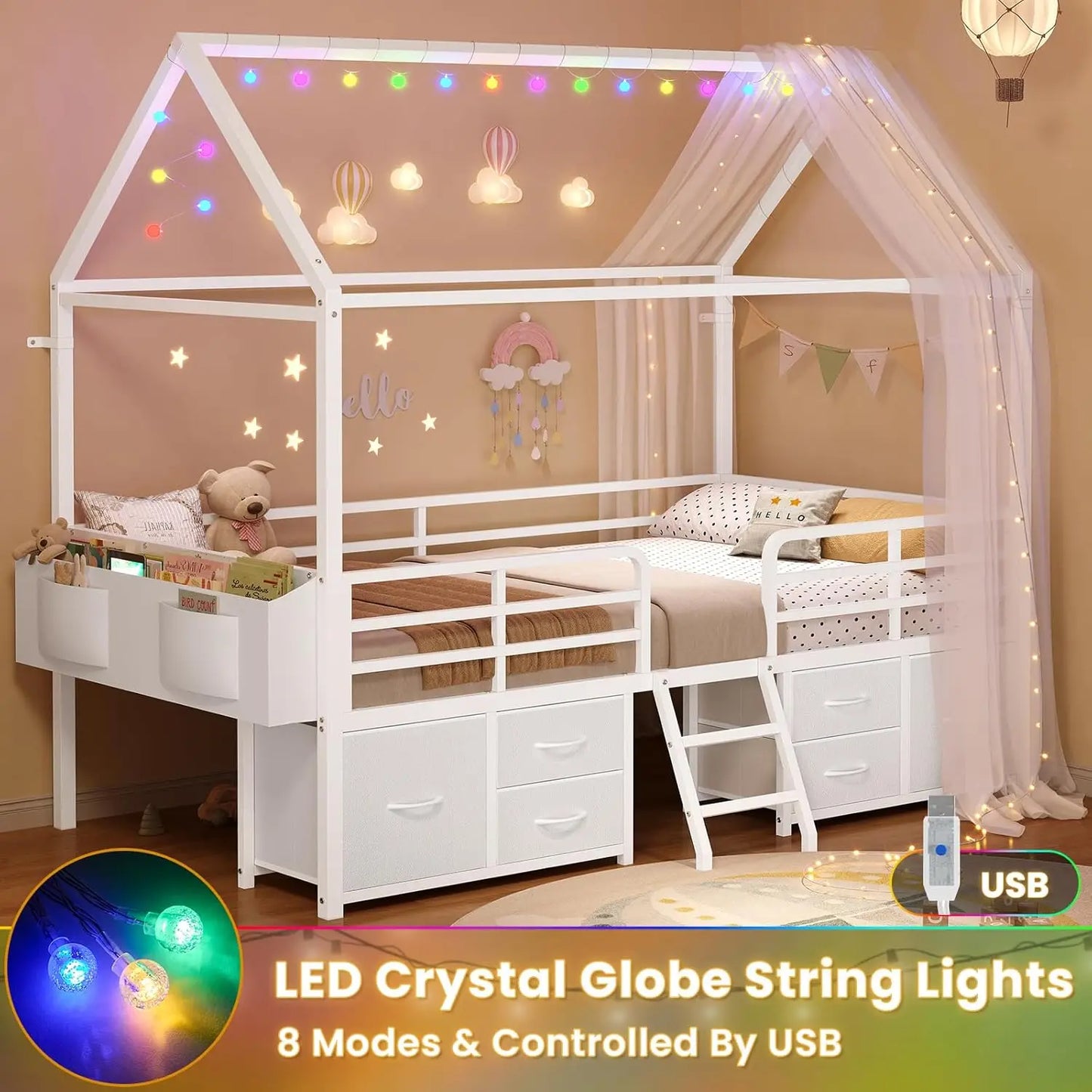 Kids Bed Frame With Six Drawers And Globe String Lights