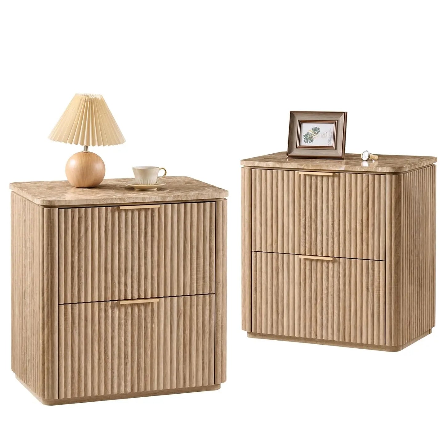 Fluted Nightstand Set Of 2 With Faux Marble Top Drawers