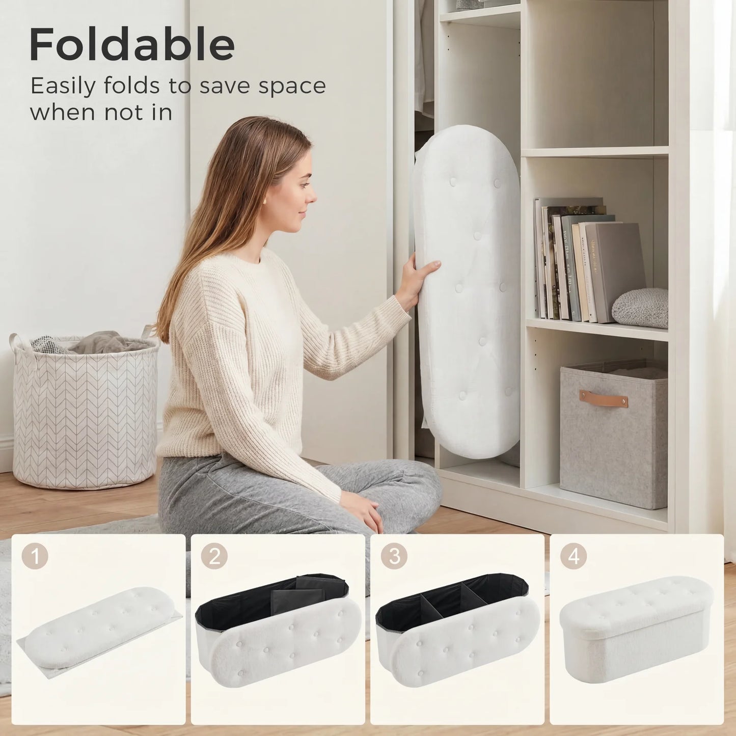 JHK Folding Storage Ottoman Bench With Teddy Fabric Cushion Entryway
