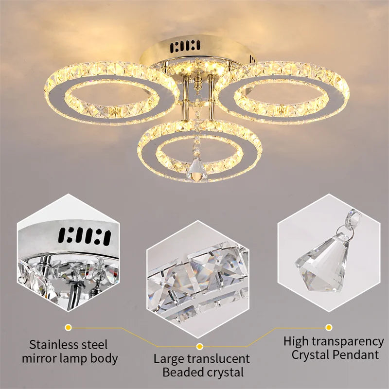 GreeLustr Modern Pendant Light Led Crystal Ring Ceiling Lamp Chandelier