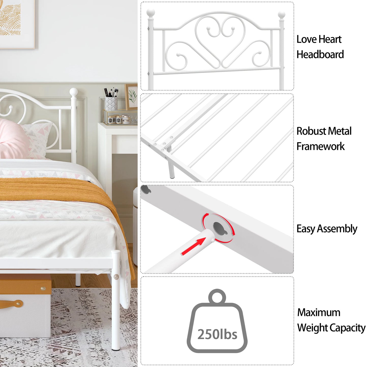 MERRONIX Heart Shaped Headboard Metal Platform Bed Frame