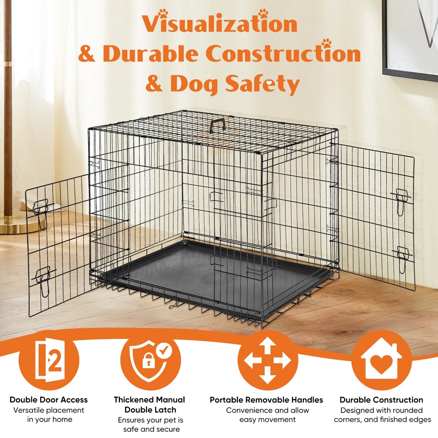 JHK Folding Metal Wire Dog Cage With Leak-Proof Pan Tray