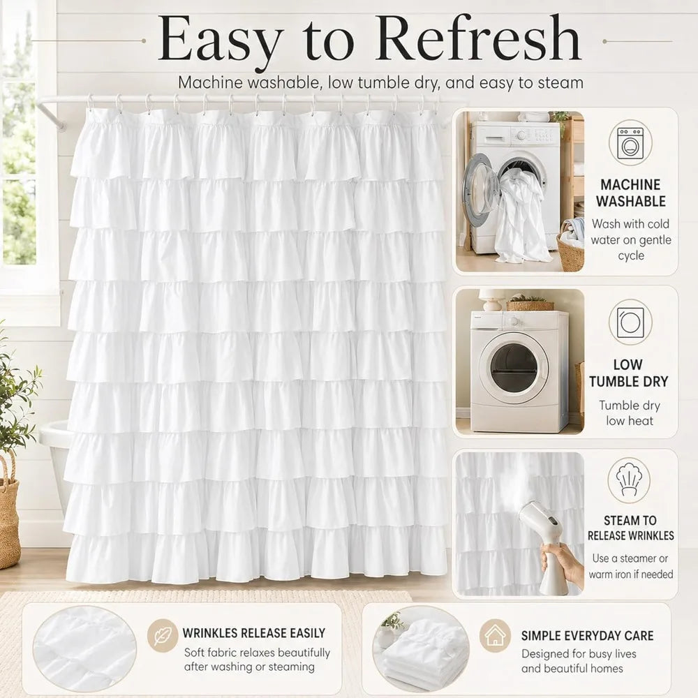 Ruffle Shower Curtain Farmhouse Fabric Double Layer Soft Opaque