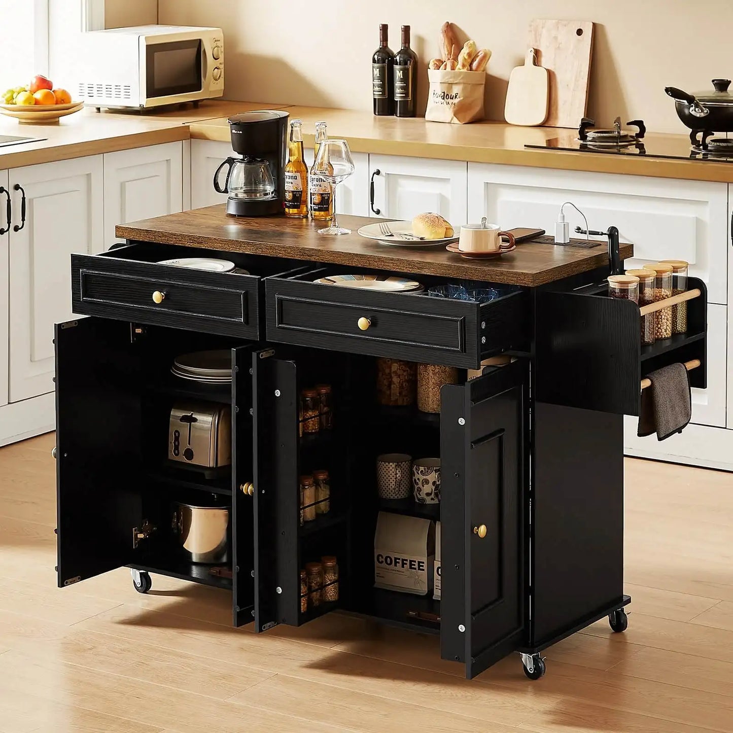 Mobile Kitchen Island Trolley With Drop Leaf And Spice Rack