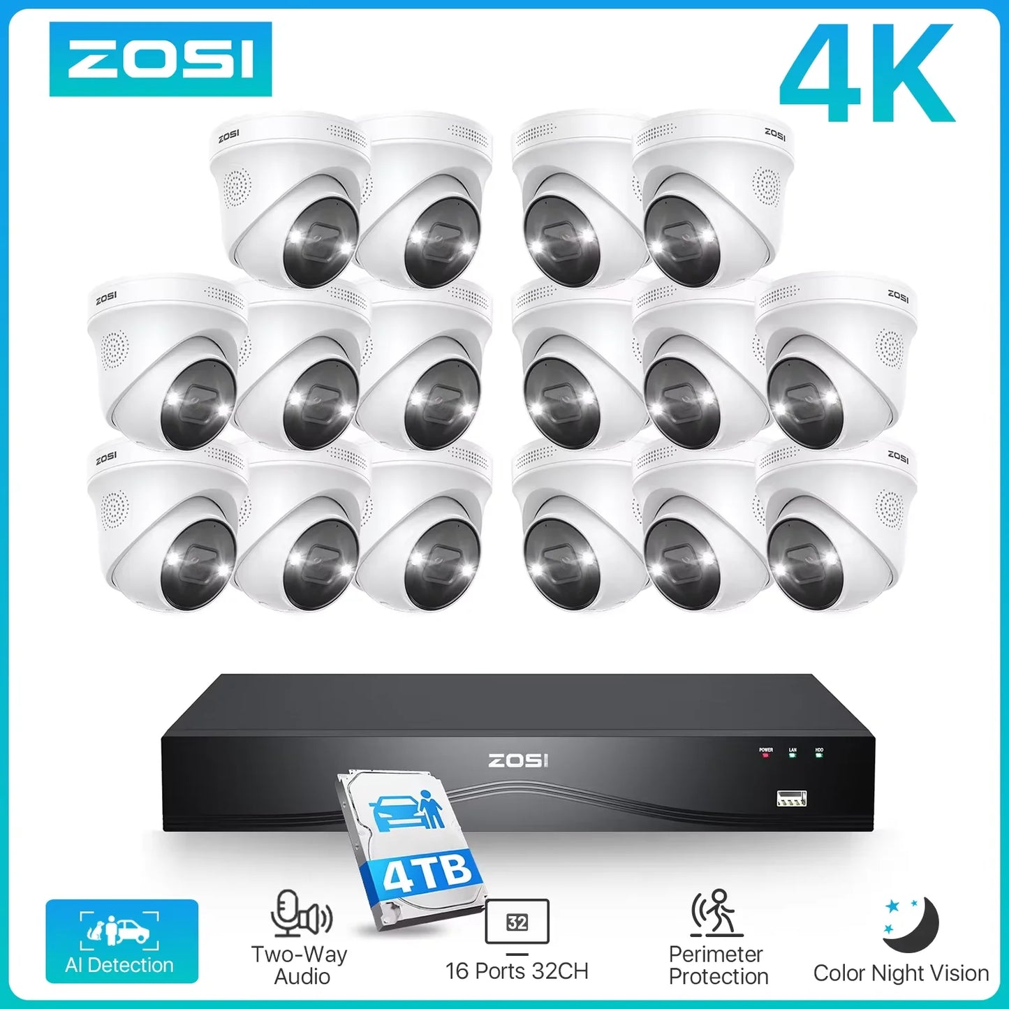 ZOSI 4K 8MP PoE Security Camera System With NVR AI