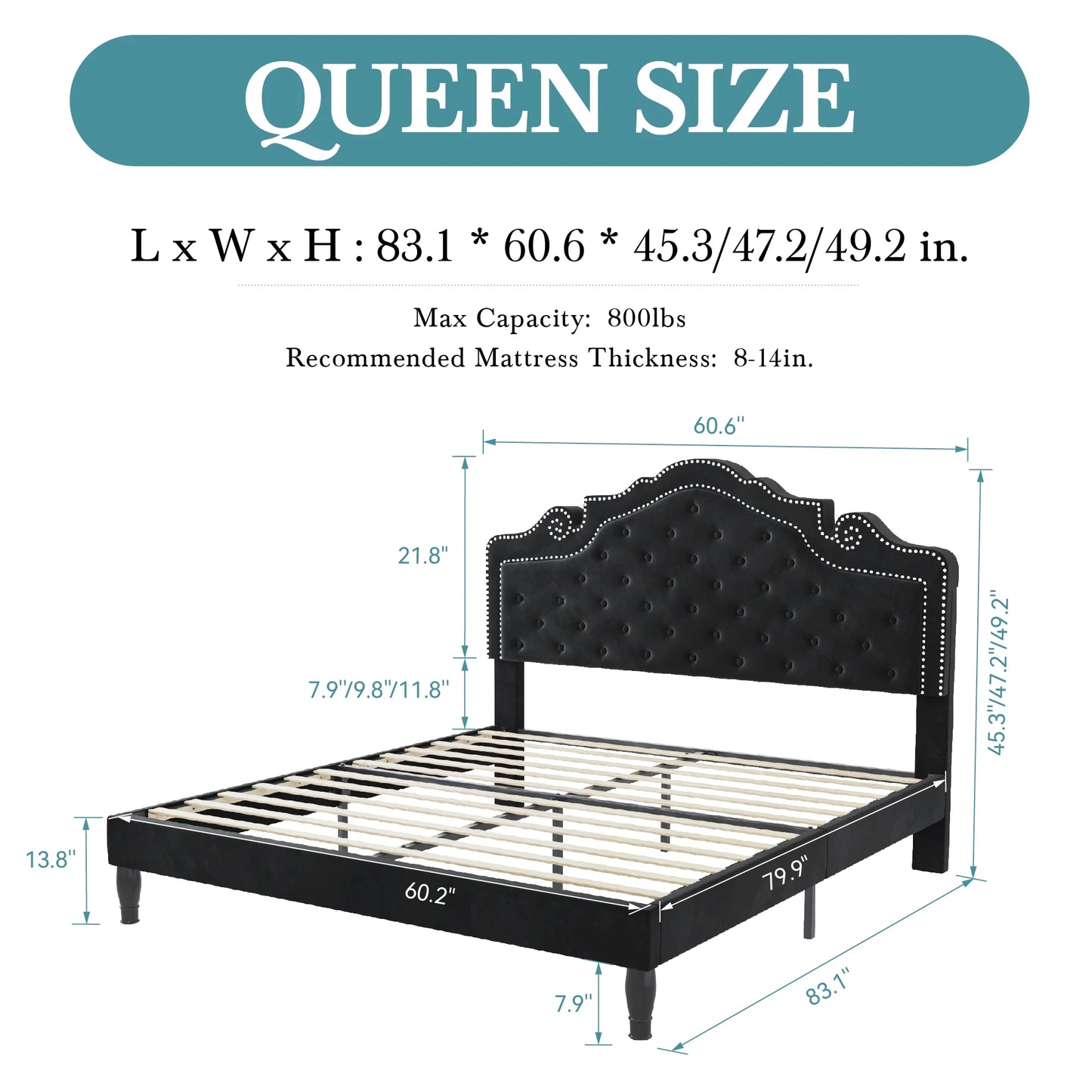 HOOMIC Velvet Bed Frame With Adjustable Tiara Headboard Diamond Tufted